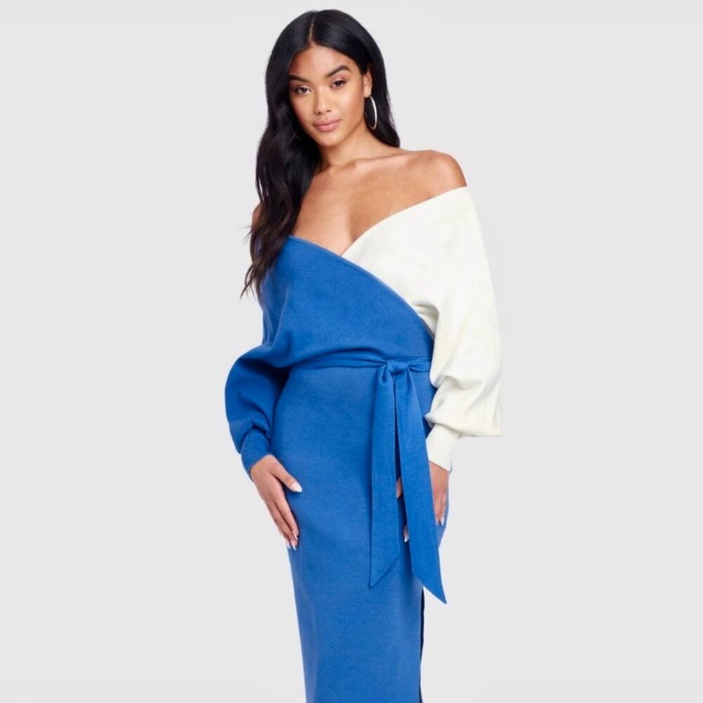 Bebe Off The Shoulder Color Block Surplice Dress - NWT